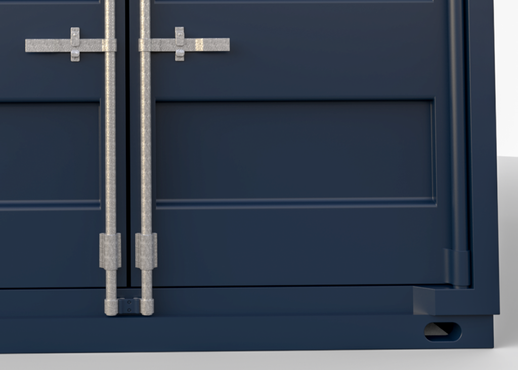 Close-up of the bottom corner of a Steel Storage Container, featuring sturdy blue panels and metal locking bars.