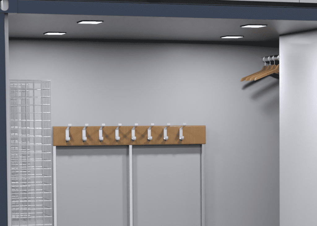 The Solar Dryer Eco features wooden hooks on the wall, empty hangers on a rod, and a white wire shelving unit for modern closet organization.