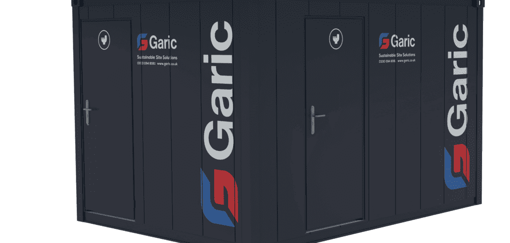 Dark blue 2+1 Toilet Block 12 with Garic branding and three closed doors, likely a modular site cabin or unit.