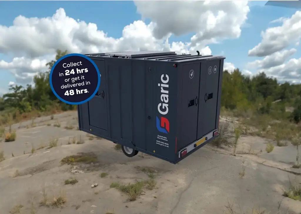 An Armadillo 12 Eco portable unit outdoors with a sign: Collect in 24 hrs or get it delivered in 48 hrs.