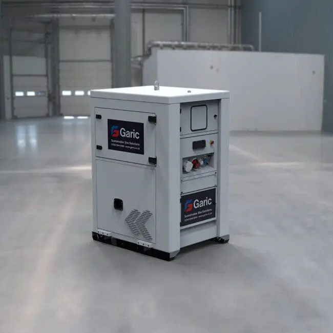 A white Battery Energy Store unit is placed in a large, empty industrial warehouse.