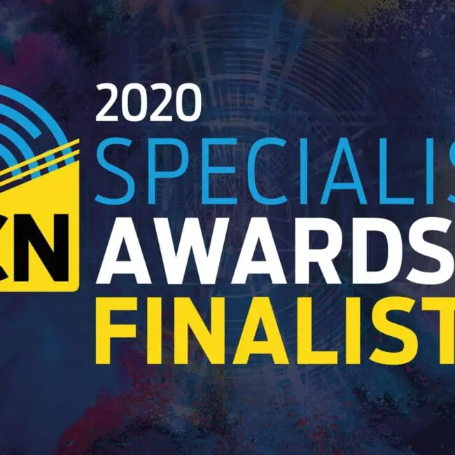 2020 CN Specialists Awards Finalist logo on a dark, colorful abstract background.