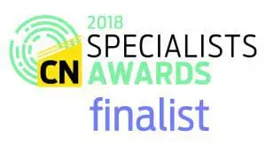 2018 CN Specialists Awards finalist logo with green, yellow, black, and blue text and graphics.