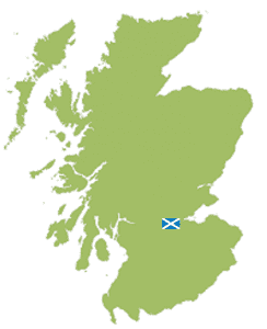 Map of Scotland with a Scottish flag marking a location in the southeast region.