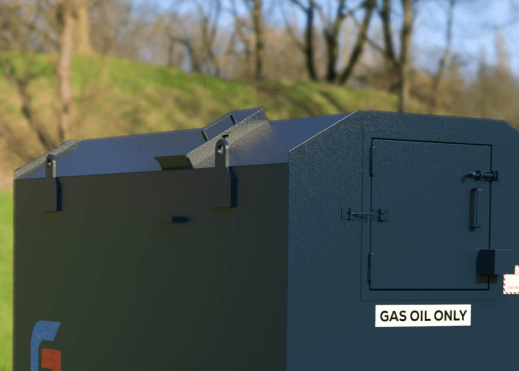 Close-up of a Mobile Fuel Tank outdoors, featuring a dark metal container with a GAS OIL ONLY sign near its latched door.