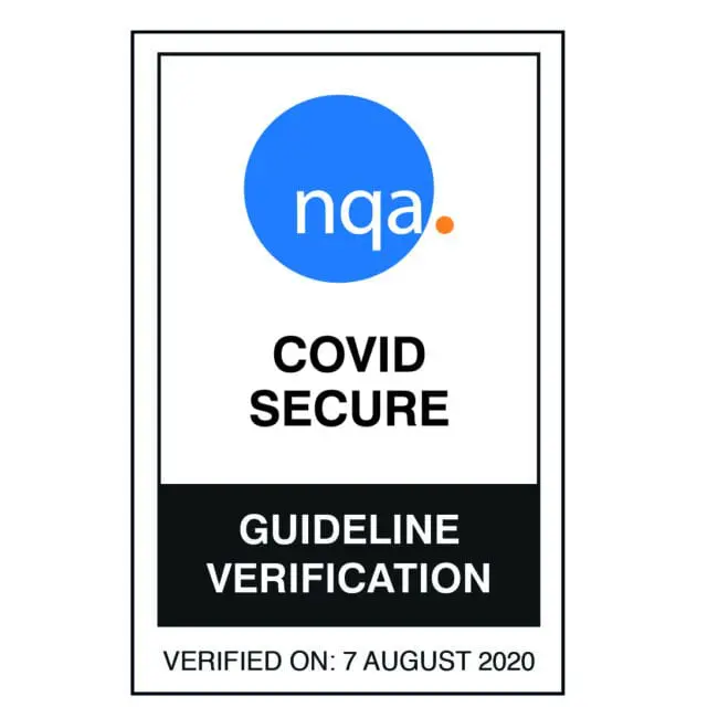 NQA COVID Secure Guideline Verification badge, verified on 7 August 2020.
