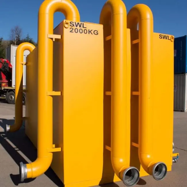 Large yellow industrial container with pipes and SWL 2000KG labeled on it, positioned outdoors.