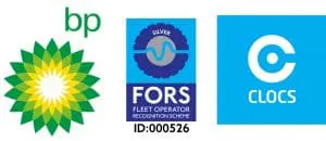 BP logo, FORS silver accreditation badge with ID:000526, and CLOCS logo on a blue background.