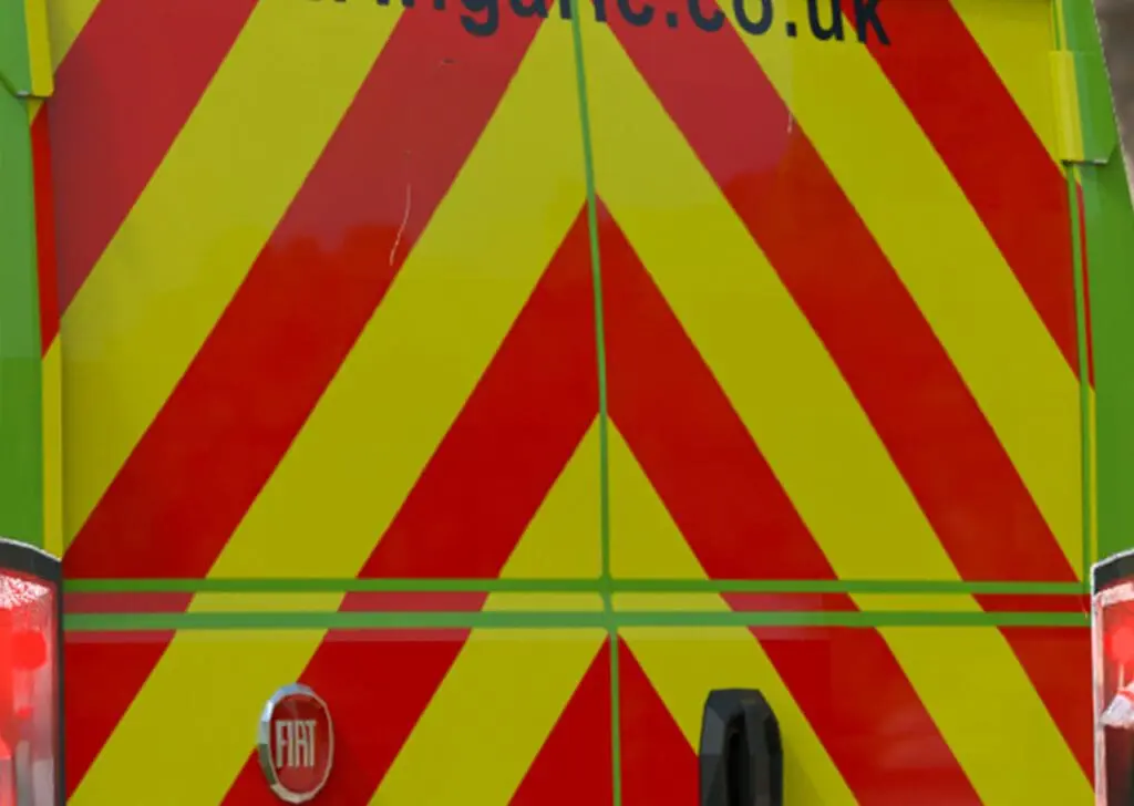 Rear view of the Welfare Van Eco featuring red and yellow chevron stripes, with partial website text visible at the top.