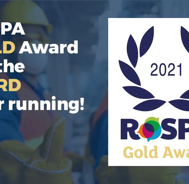 RoSPA Gold Award 2021 announcement with a worker in safety gear and a laurel graphic.