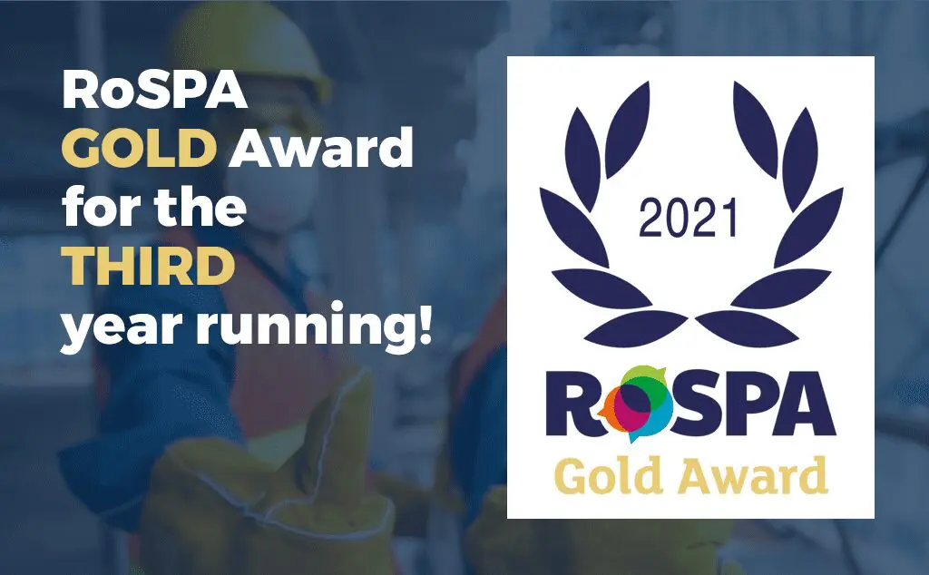 RoSPA Gold Award 2021 announcement with a worker in safety gear and a laurel graphic.