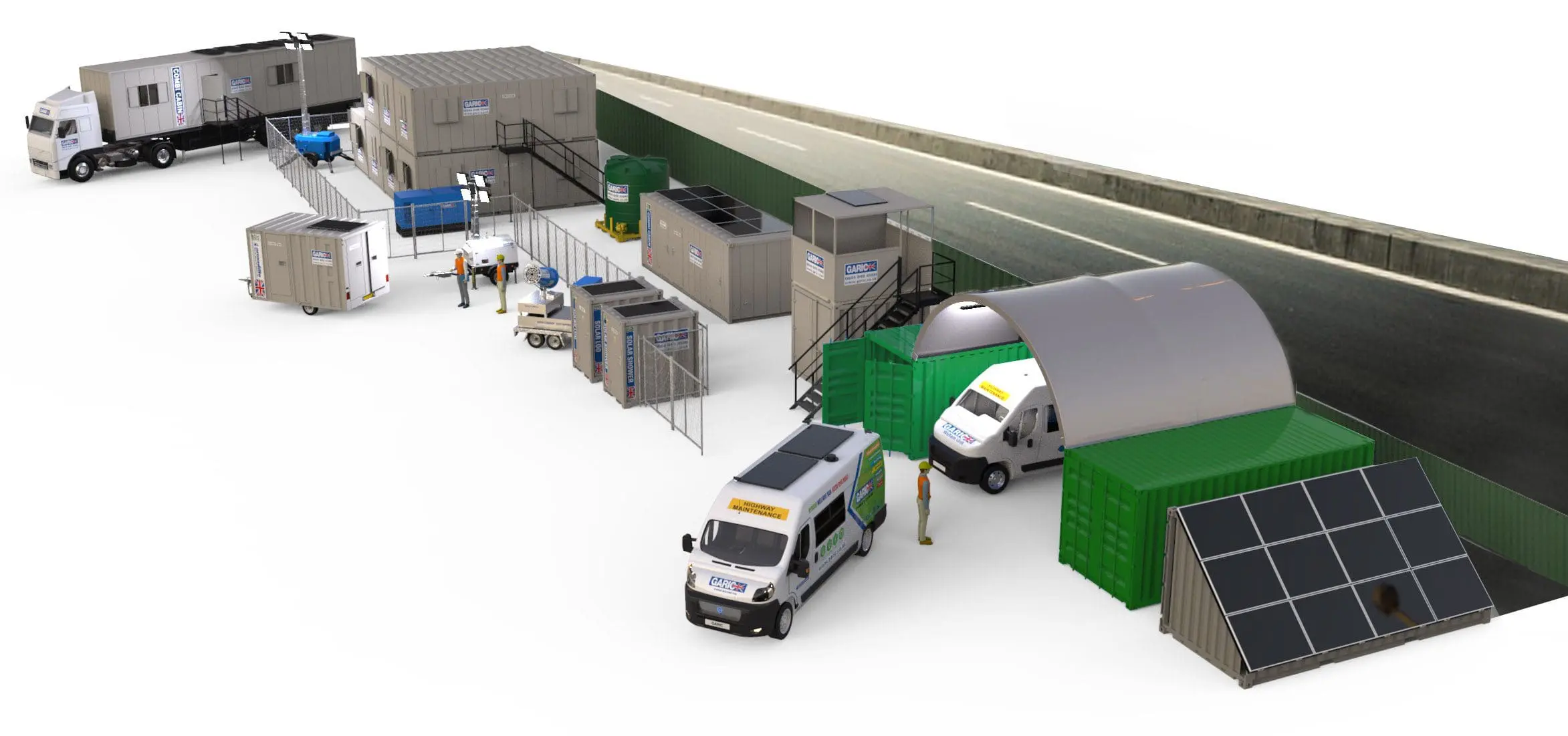 A row of portable buildings, vehicles, solar panels, and workers set up along a road.