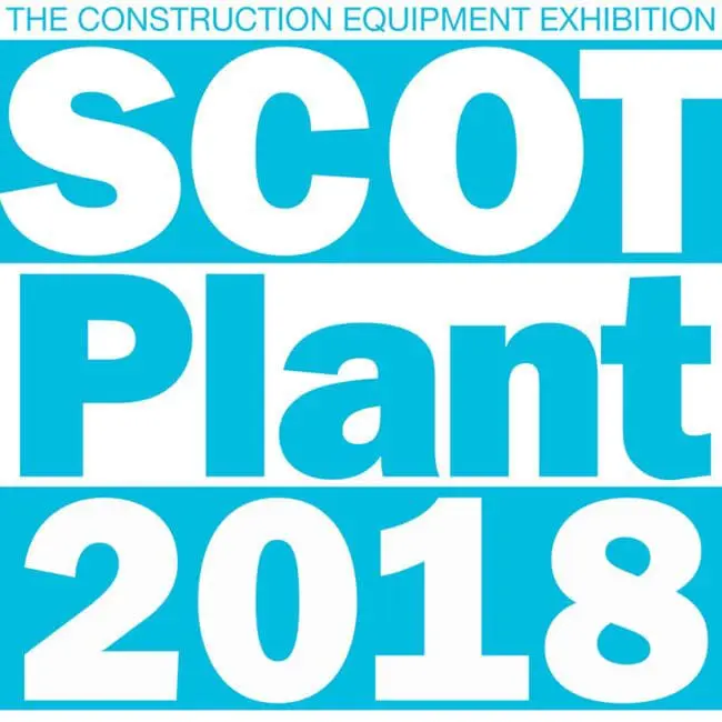 ScotPlant 2018 logo with bold blue and white text, promoting a construction equipment exhibition.