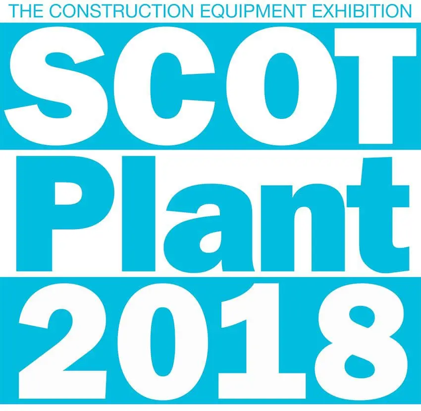 ScotPlant 2018 logo with bold blue and white text, promoting a construction equipment exhibition.