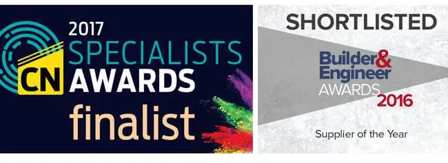 Two award graphics: CN Specialists Awards 2017 finalist and Builder & Engineer Awards 2016 shortlisted supplier.