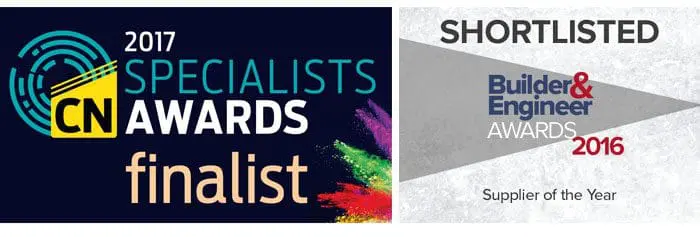 Two award graphics: CN Specialists Awards 2017 finalist and Builder & Engineer Awards 2016 shortlisted supplier.
