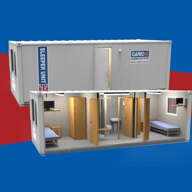 Cutaway view of a portable sleeper unit with four beds, two tables, a sink, and two shower rooms.
