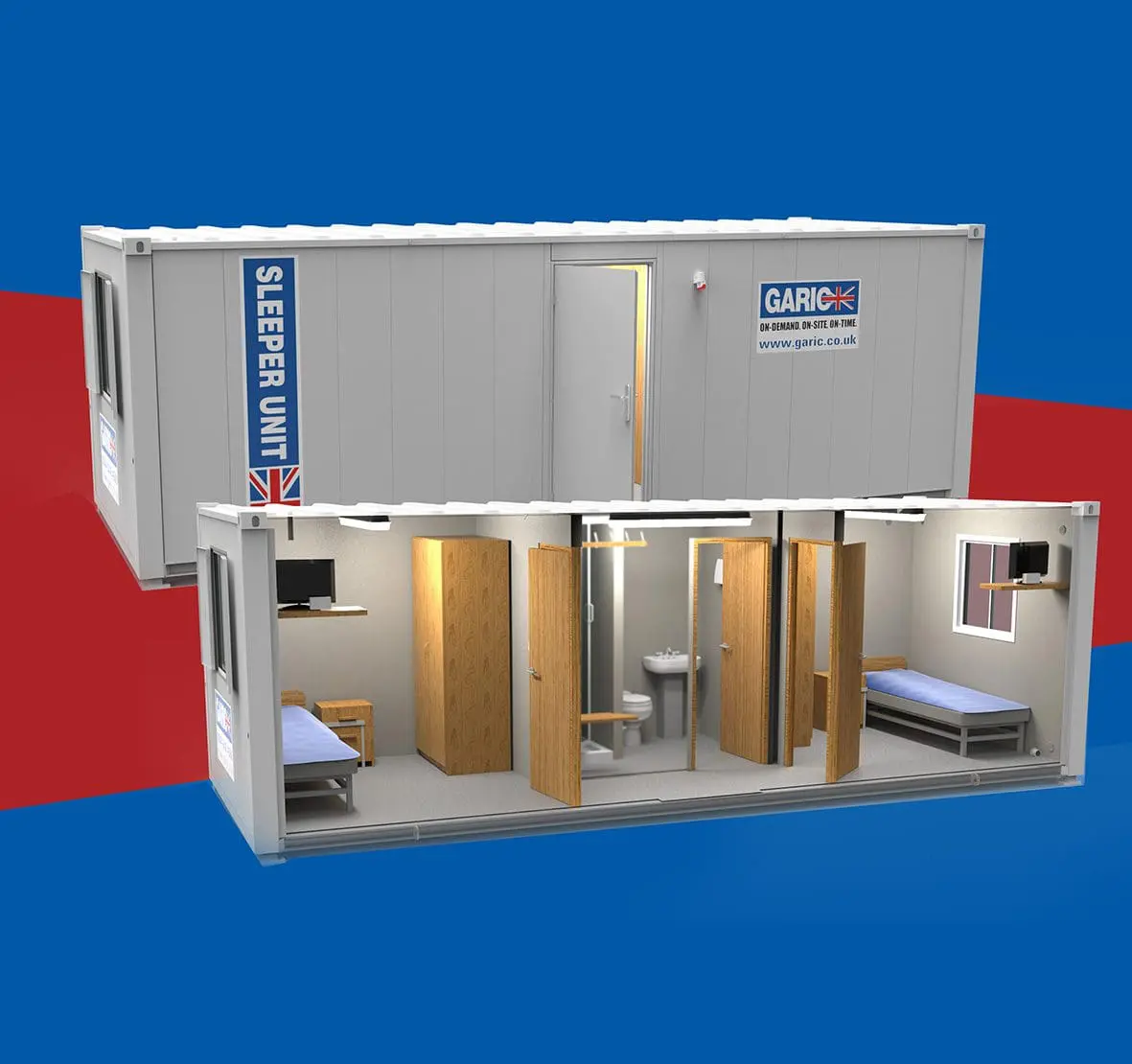 Cutaway view of a portable sleeper unit with four beds, two tables, a sink, and two shower rooms.
