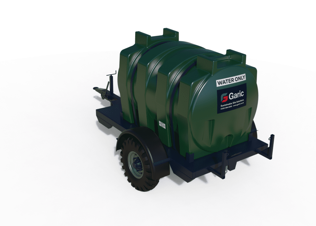 Green Water Bowser with “WATER ONLY” label, mounted on wheels and featuring a Garic logo.