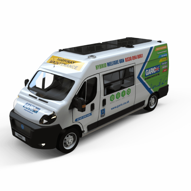 White hybrid van with Highway Maintenance signage and colorful branding on the side, viewed at an angle.