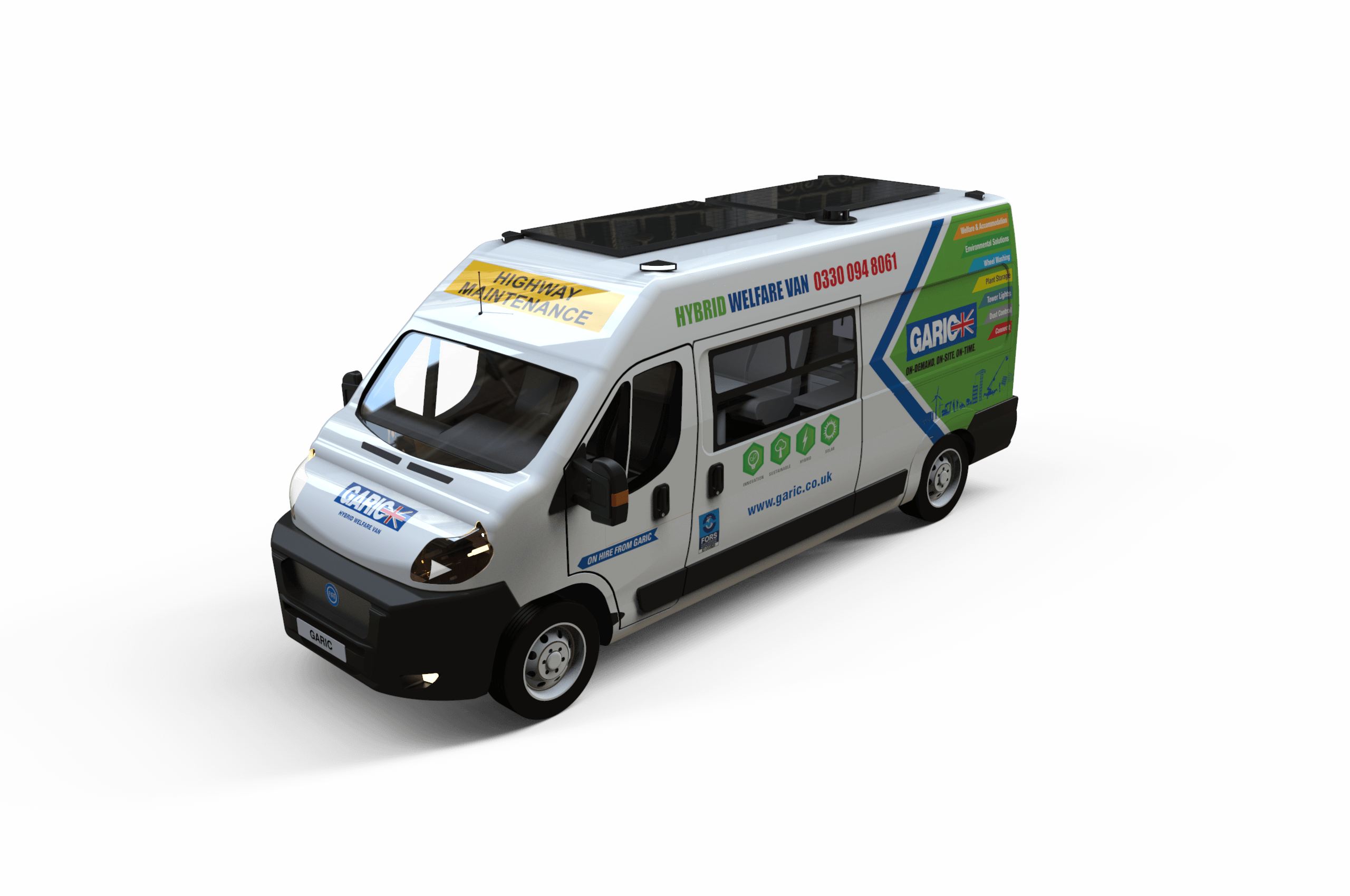 White hybrid van with Highway Maintenance signage and colorful branding on the side, viewed at an angle.