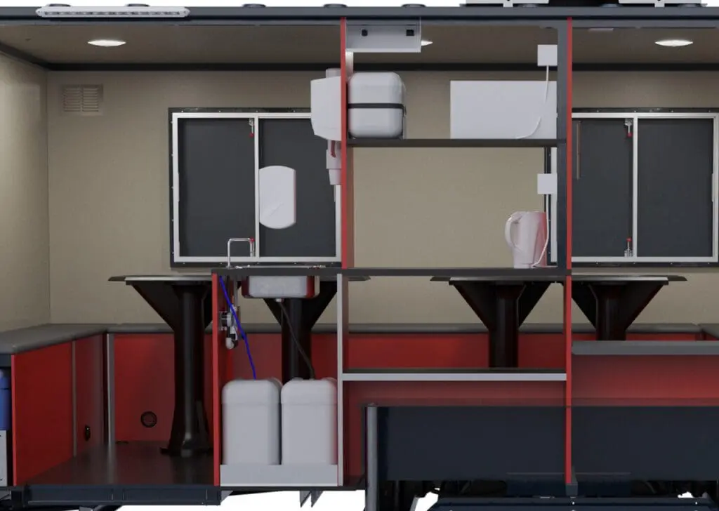 Cross-section of the Armadillo 18 mobile kitchen, showing sinks, tables, shelves, faucets, and storage containers.