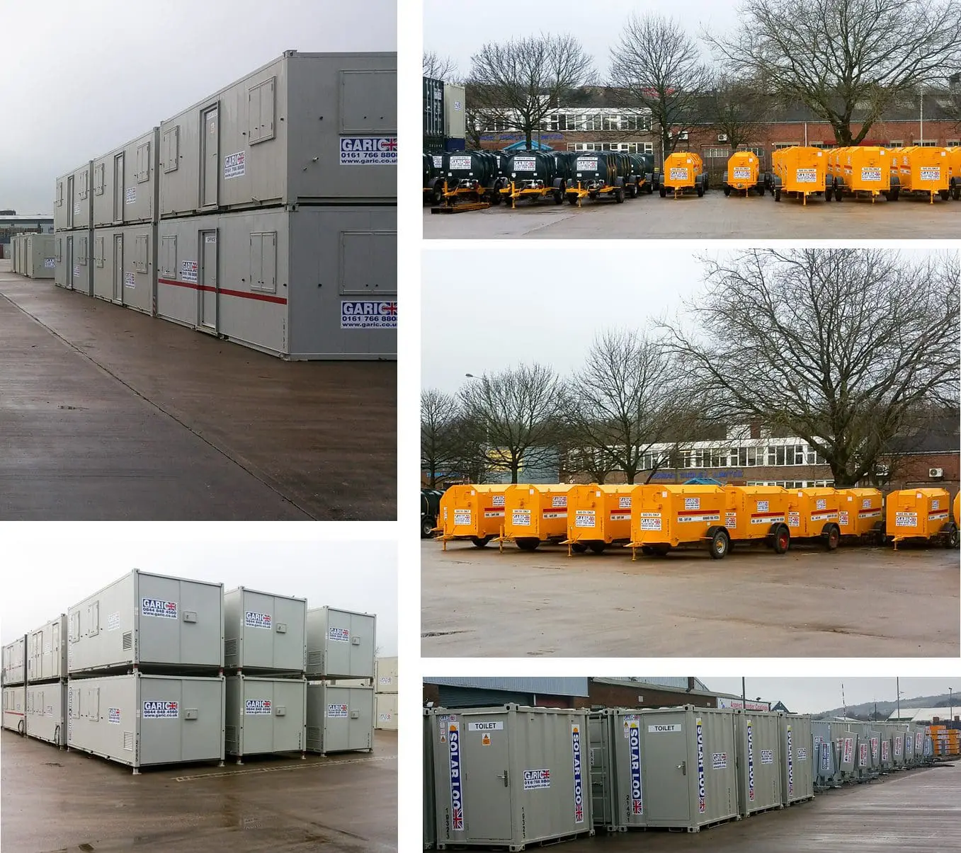 Rows of stacked, grey portable buildings and orange equipment units on a paved lot with bare trees.
