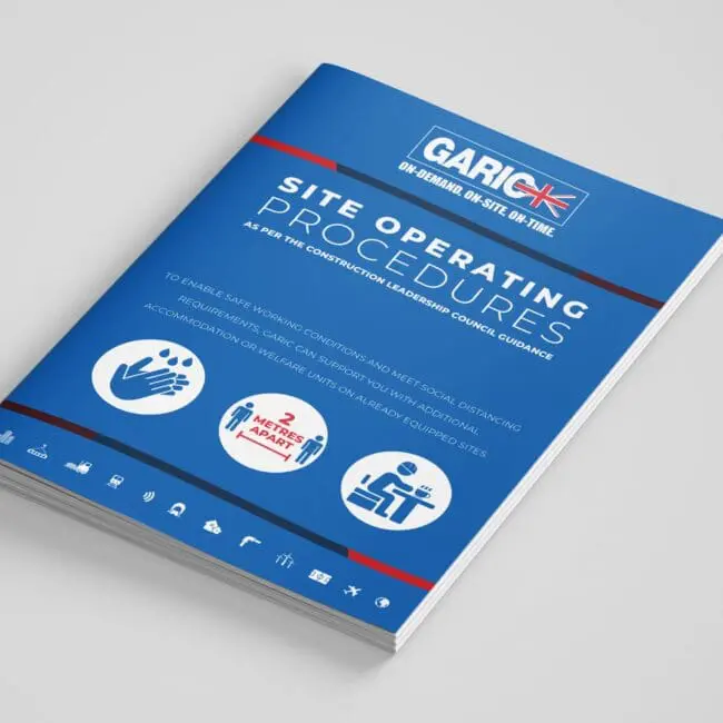 Blue booklet titled Site Operating Procedures with icons for handwashing, distancing, and guidance.