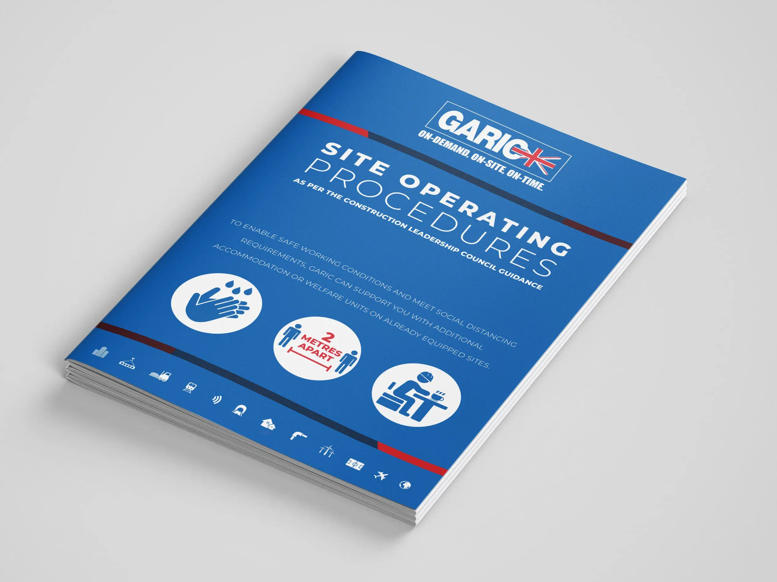 Blue booklet titled Site Operating Procedures with icons for handwashing, distancing, and guidance.