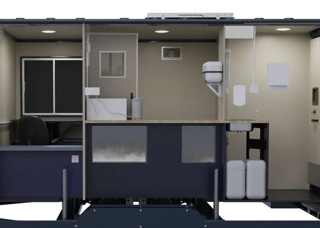 Cutaway view of the Armadillo 18 Eco mobile office or lab, featuring a desk, chair, sink, and storage compartments.