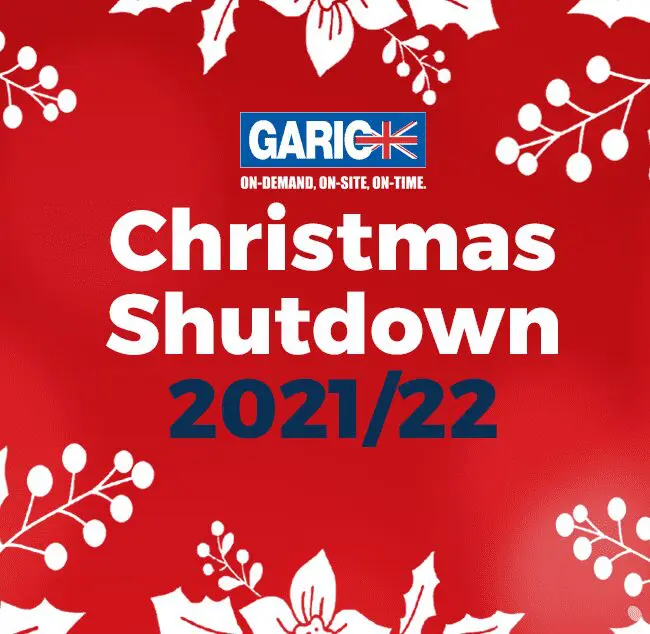 Red festive background with white holly leaves and text: Christmas Shutdown 2021/22, Garic logo at top.