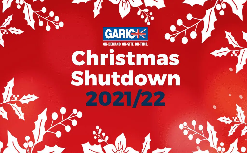 Red festive background with white holly leaves and text: Christmas Shutdown 2021/22, Garic logo at top.