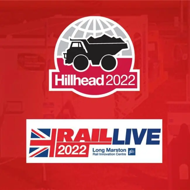 Hillhead 2022 and Rail Live 2022 event logos on a red background.