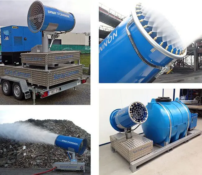 Collage of industrial spray cannons dispersing mist, shown in outdoor and indoor settings with water tanks.