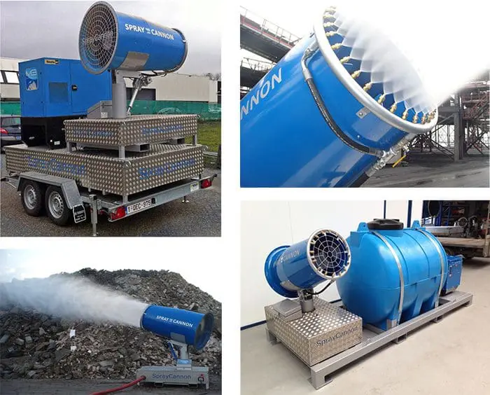 Collage of industrial spray cannons dispersing mist, shown in outdoor and indoor settings with water tanks.