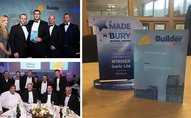 Three images show award ceremonies and trophies, with groups in formal wear and close-ups of business awards.