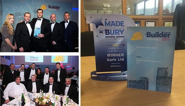 Three images show award ceremonies and trophies, with groups in formal wear and close-ups of business awards.