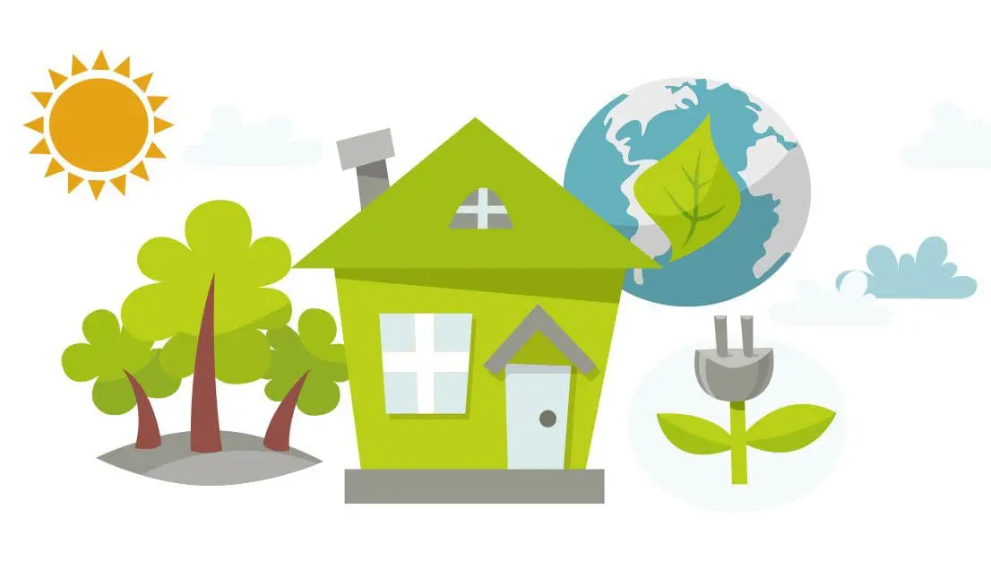 Illustration of a green house, trees, sun, earth, and a plug with a leaf symbolizing eco-friendly living.