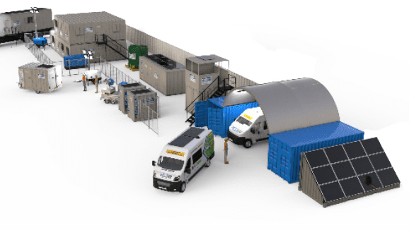 A temporary field camp with trailers, vans, solar panels, and people working in an organized layout.