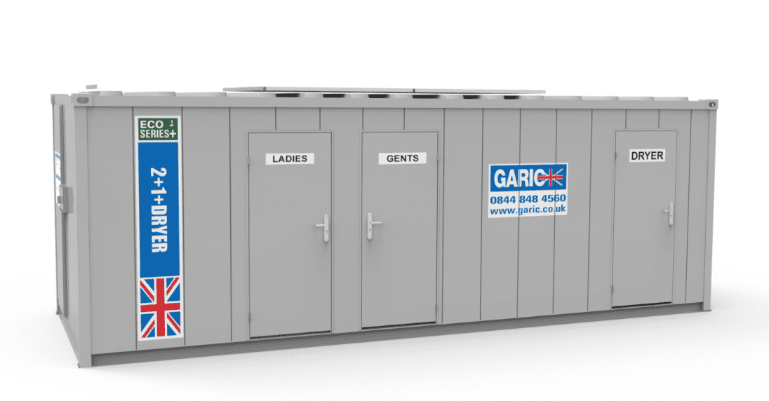 Grey portable restroom unit with UK flag, labeled Ladies, Gents, and Dryer, branded Garic with contact details.