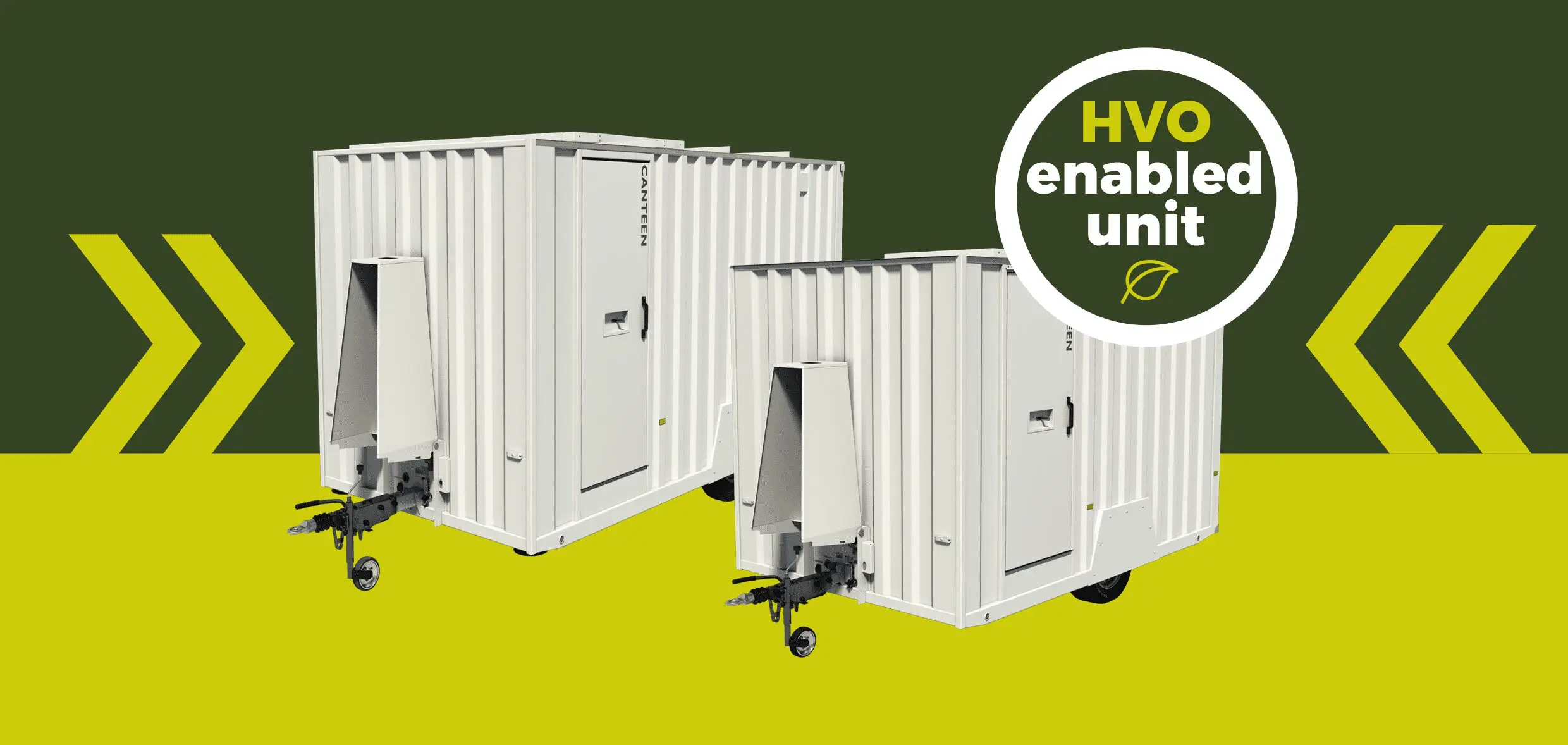 Two white portable units with HVO enabled unit text on a green and yellow background.
