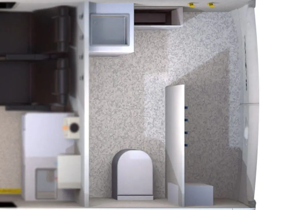 Top view of the Welfare Van Eco+, a compact, modern bathroom featuring a toilet, sink, and storage shelves.
