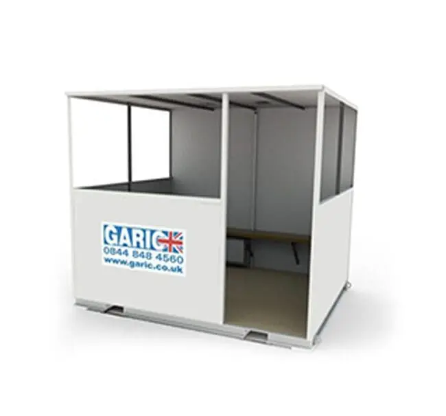 White site shelter with open entrance, bench seating, and Garic logo on the side, isolated on white background.