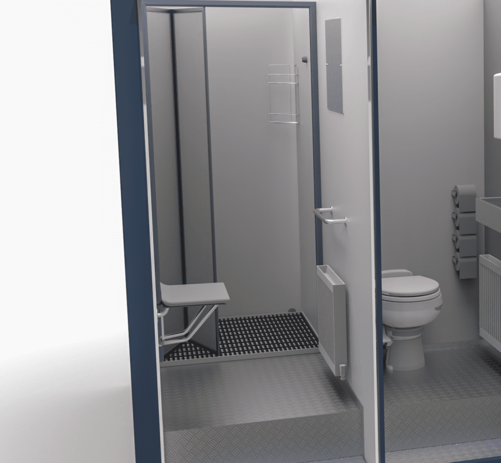 The 1+1 Toilet Block 10 features an accessible restroom with a toilet, grab bars, folding bench, and non-slip flooring.