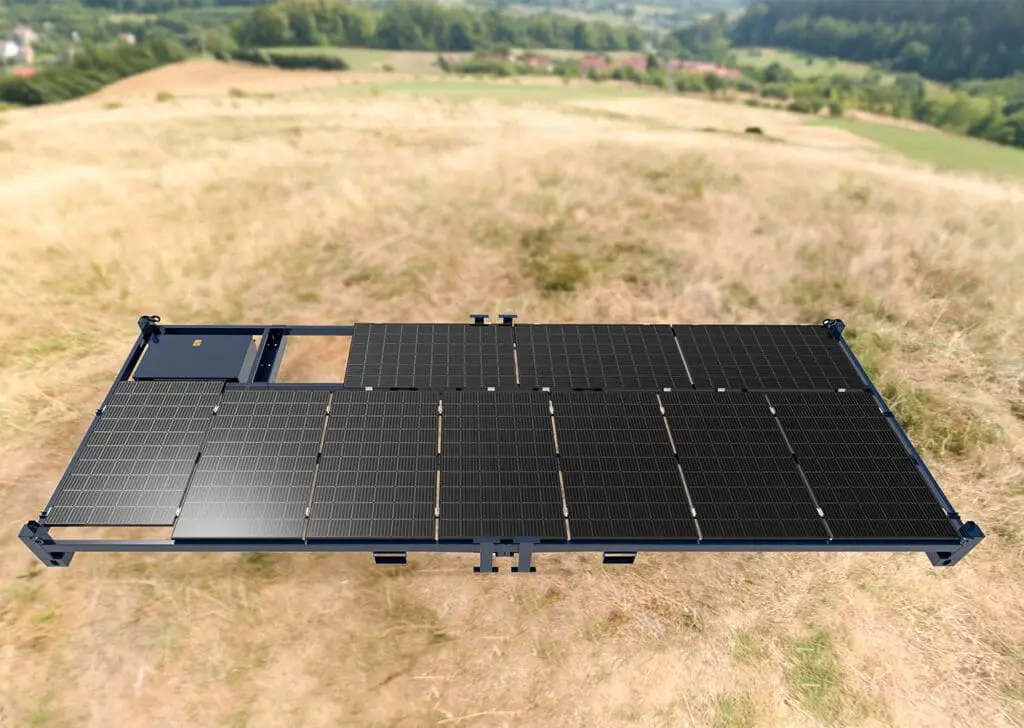 A Solar Power Frame installation on a dry grassy field, with hills and trees in the background.