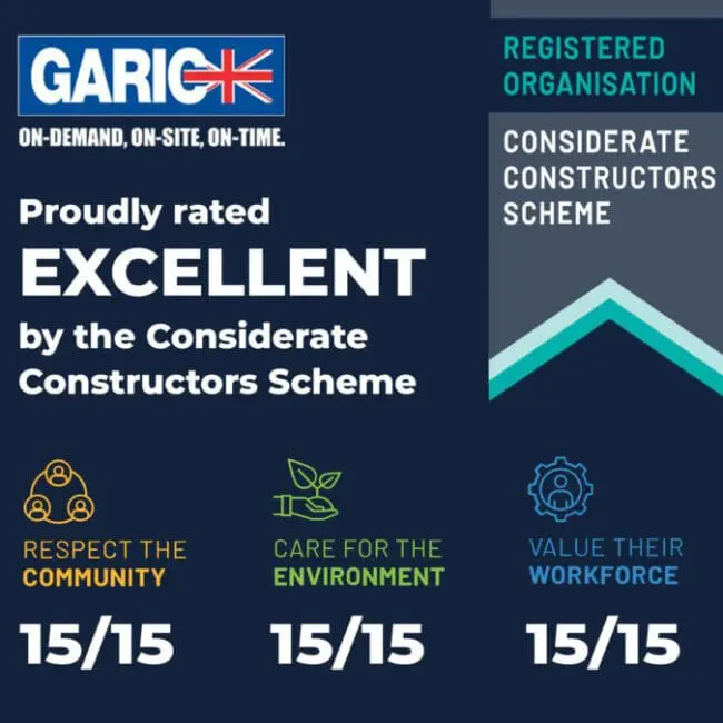 Garic rated excellent by Considerate Constructors Scheme; 15/15 for community, environment, and workforce.