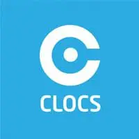 White circular C logo with a dot inside above the word CLOCS on a blue background.
