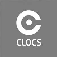 White C logo with a dot in the center above the word CLOCS on a gray background.