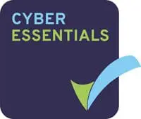Cyber Essentials logo with blue and green text and a checkmark on a dark background.