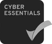 Cyber Essentials logo with bold text and a large check mark on a dark square background.